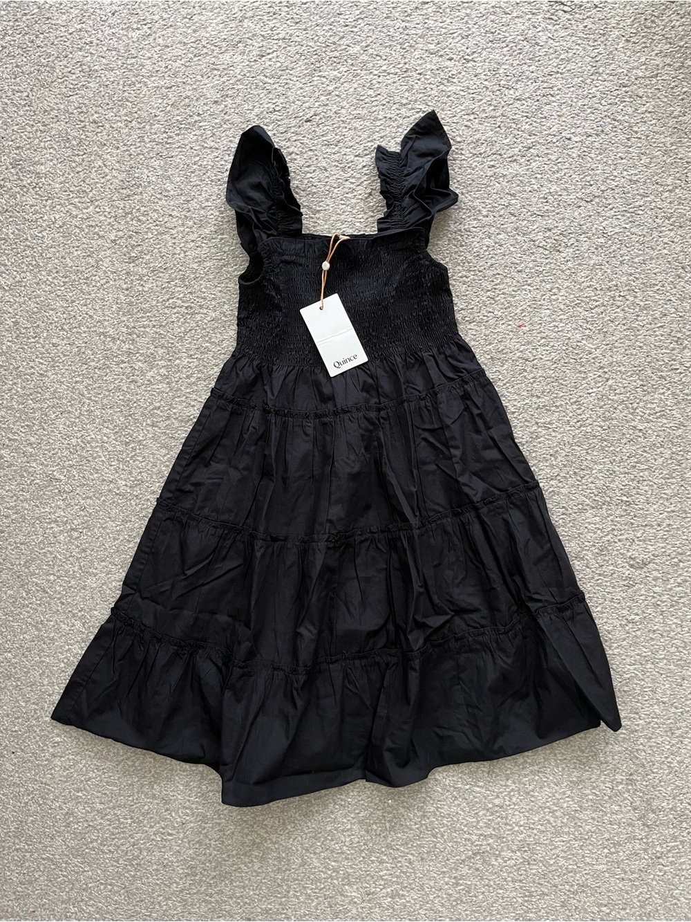 NWT Quince Black Smocked Tiered Dress with Ruffle Straps Size 8